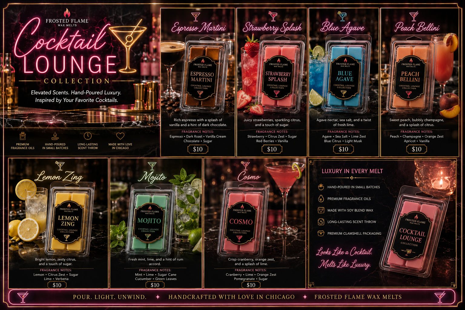 Cocktail Lounge Collection Frosted Flame wax melt menu