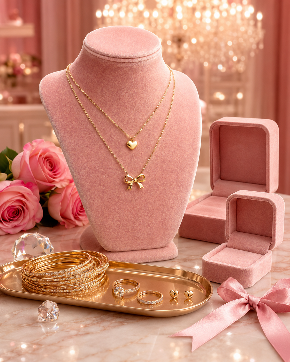 Jewelry collection in a playful pink Frosted Flame setting