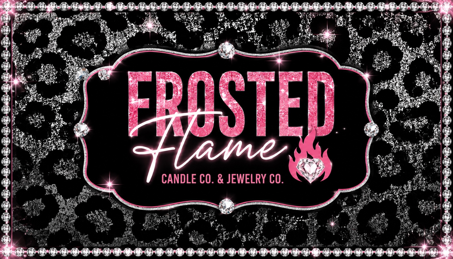 Frosted Flame black, silver and hot-pink jeweled brand artwork