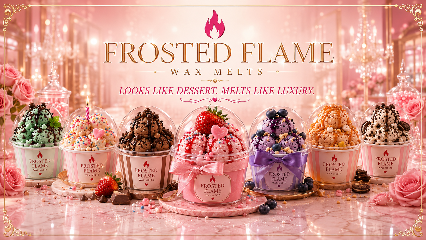 Wax Melts collection in a playful pink Frosted Flame setting
